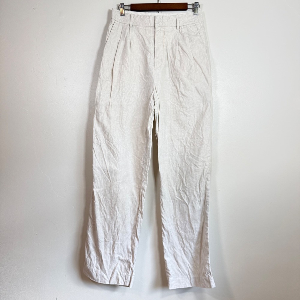 AE77 Regular Standard Linen Pleated Straight Leg Pants Size 4 Cream Natural
